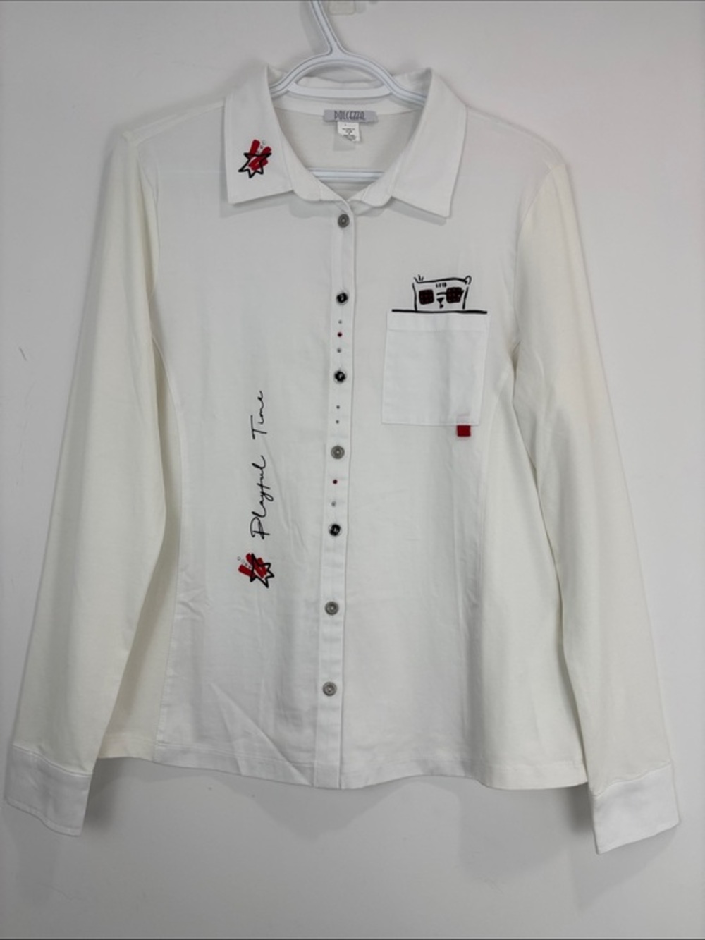 Dolcezza White Button Front Shirt M Artsy Graphic Pocket Collared Modern Art Top